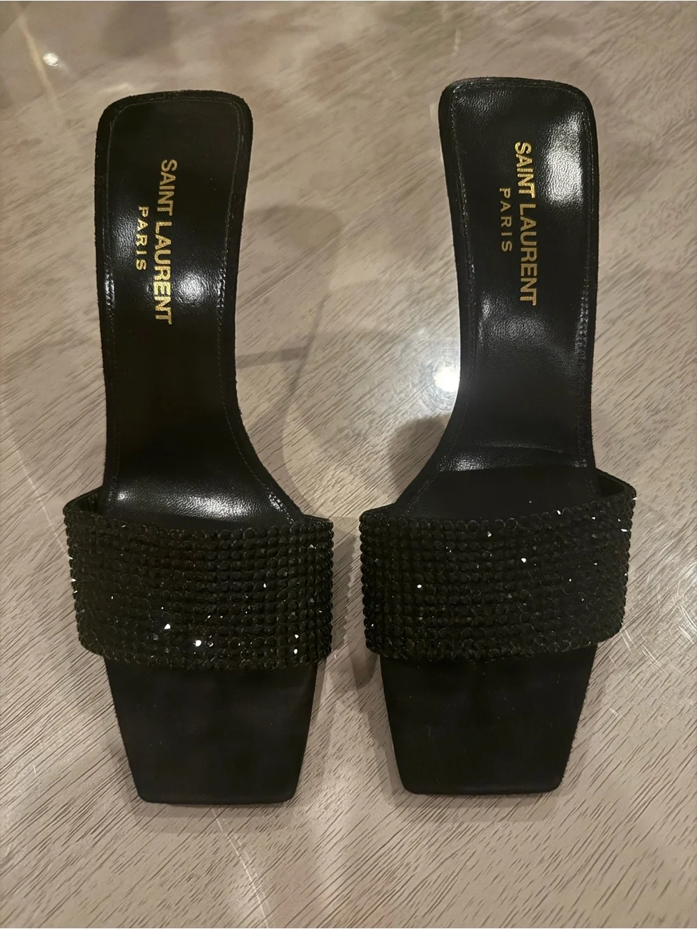 Saint Laurent Black Glitter Crystal-Embellished Slide Heels size 37.5 - Picture 4 of 8